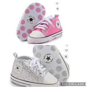 Pink and Silver Glitter Infant Canvas Shoes w/ Soft Sole Sizes 1 & 2